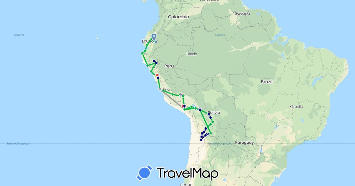 TravelMap itinerary: driving, bus, plane, cycling, train, hiking, boat in Bolivia, Ecuador, Peru (South America)